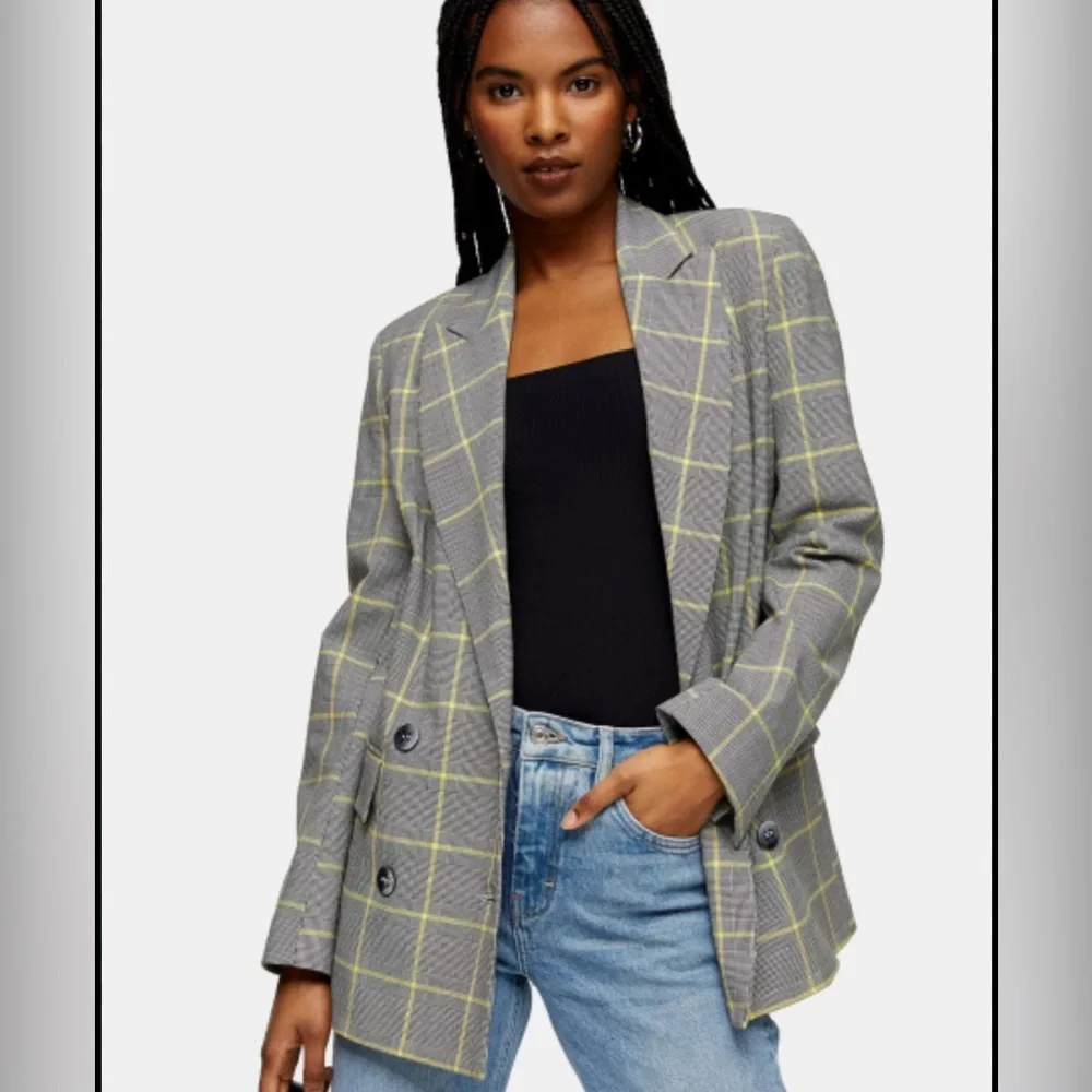Topshop Plaid Houndstooth Double Breasted Blazer Grey Yellow Womens size 4 US - Picture 1 of 5